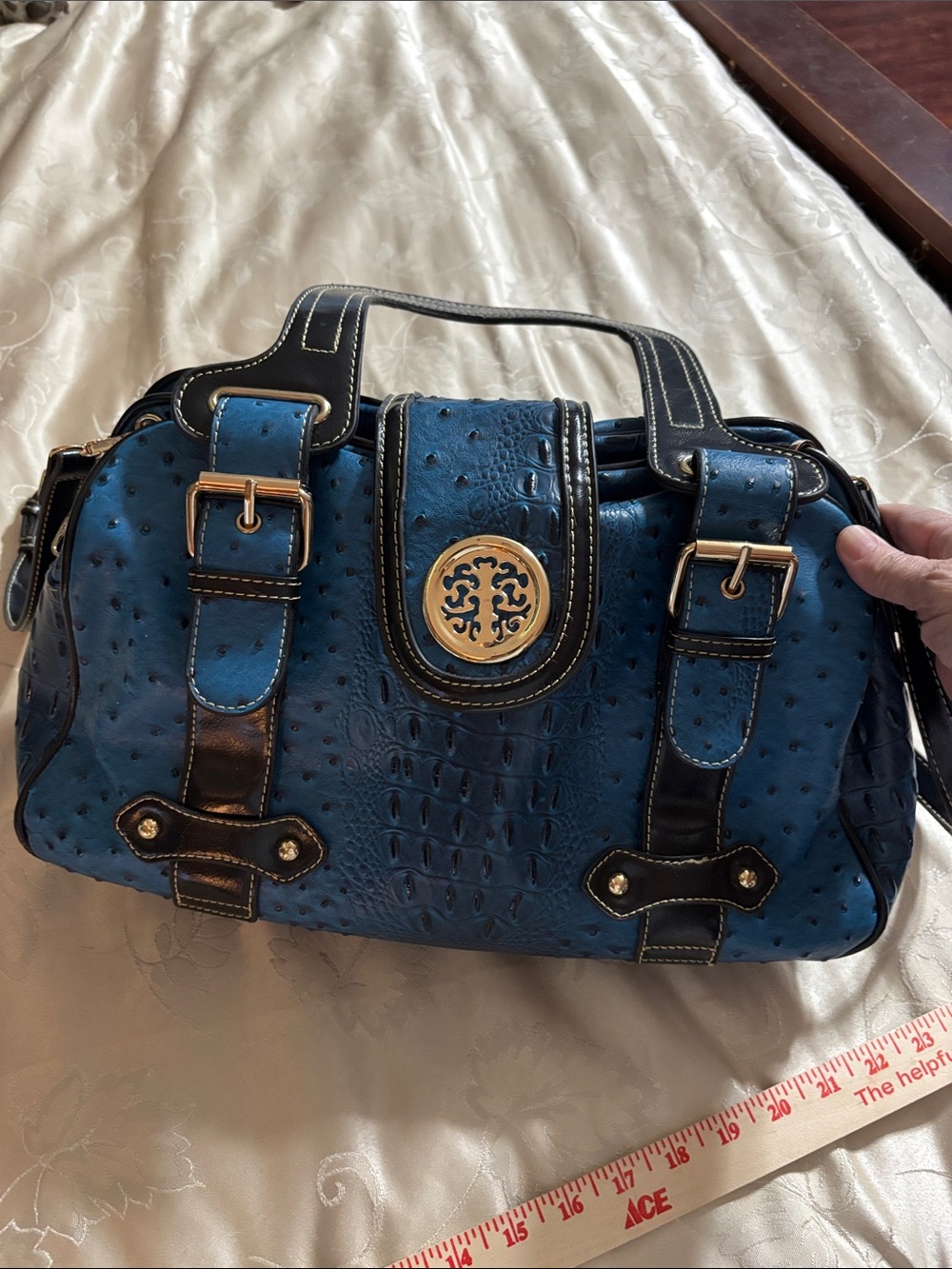 Blue Textured Satchel Handbag with Gold Accent